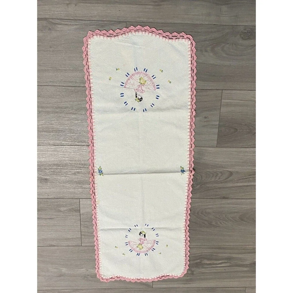 Vtg. Table Runner W/ Girl- Pink Hand Embroidered Cotton 14 X 36”